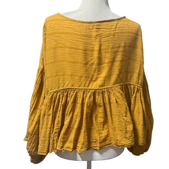 Free People Mustard Peasant Blouse Top – Boho Textured Gauze – Size L - Picture 3 of 9